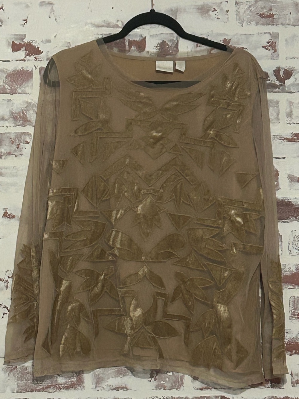 Chico's Sheer Metallic-Embroidered Long Sleeve Top in Taupe